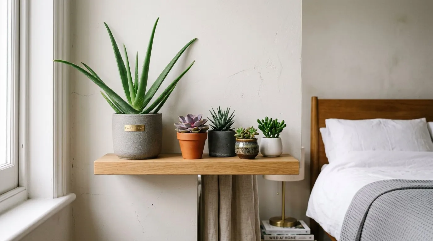 Bedroom plants aloe vera and succulents on a floating shelf in a modern UK bedroom