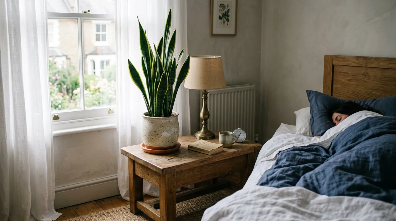 Bedroom plants snake plant on a wooden nightstand in a UK home
