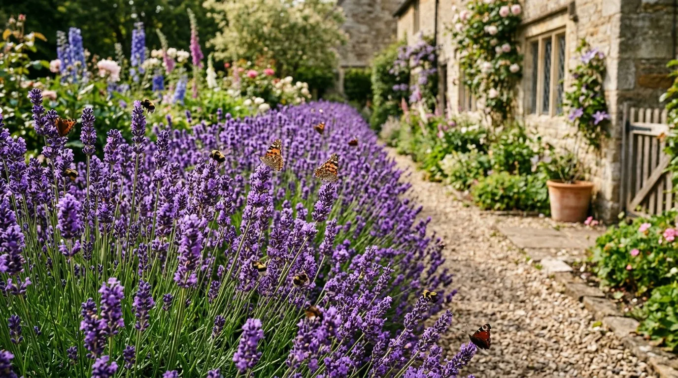Butterfly plants lavender border attracting butterflies and bees in a UK cottage garden