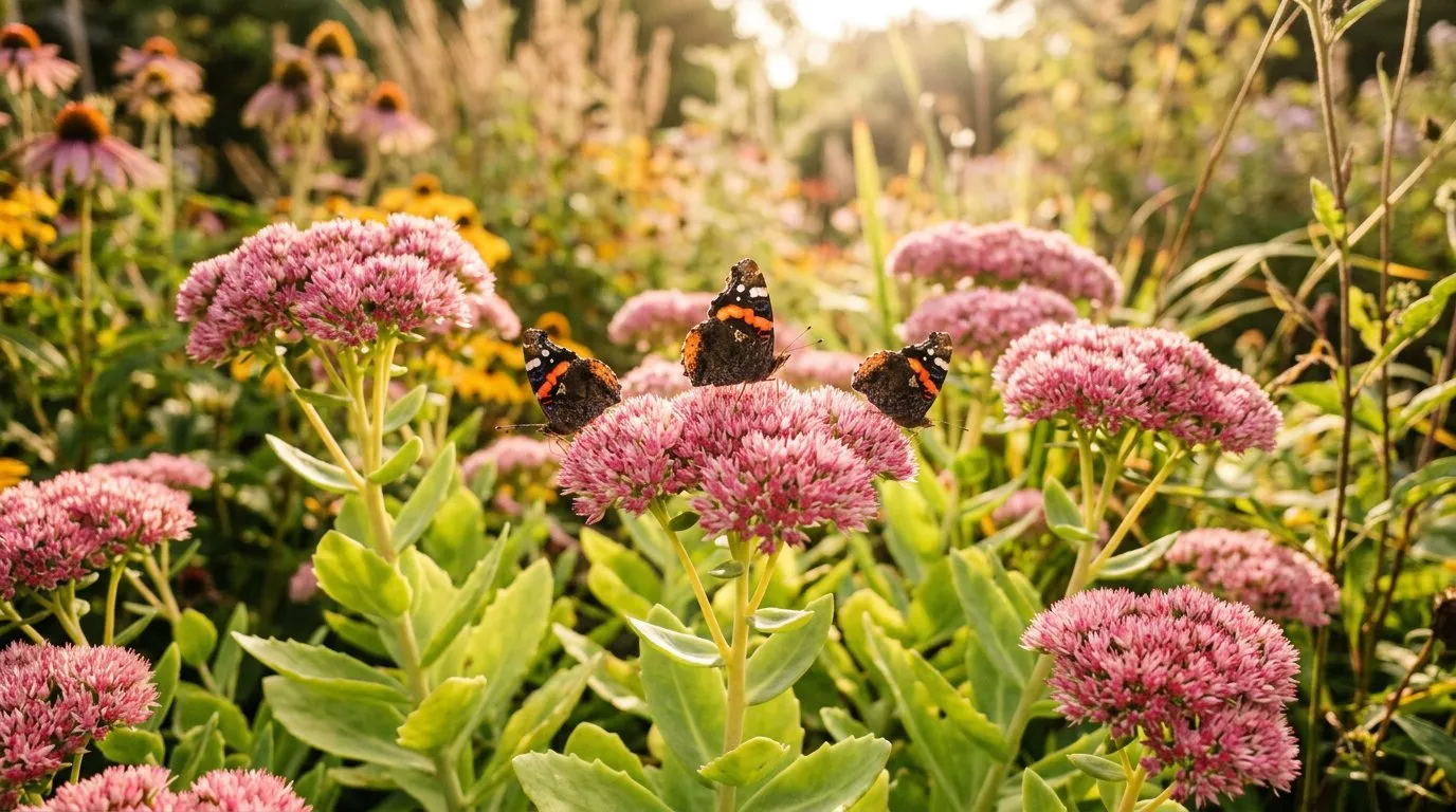 Butterfly plants sedum Autumn Joy with red admiral butterflies in an autumn UK garden