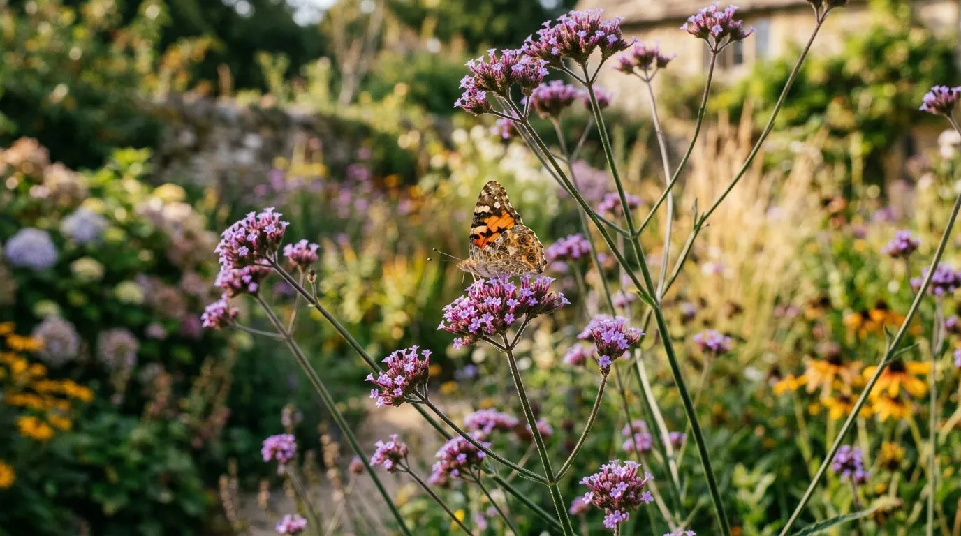 Butterfly plants verbena bonariensis with a painted lady butterfly feeding in a UK garden