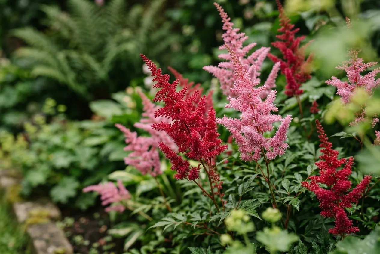 Feathery red and pink astilbe plumes in flower in a moist part-shaded border