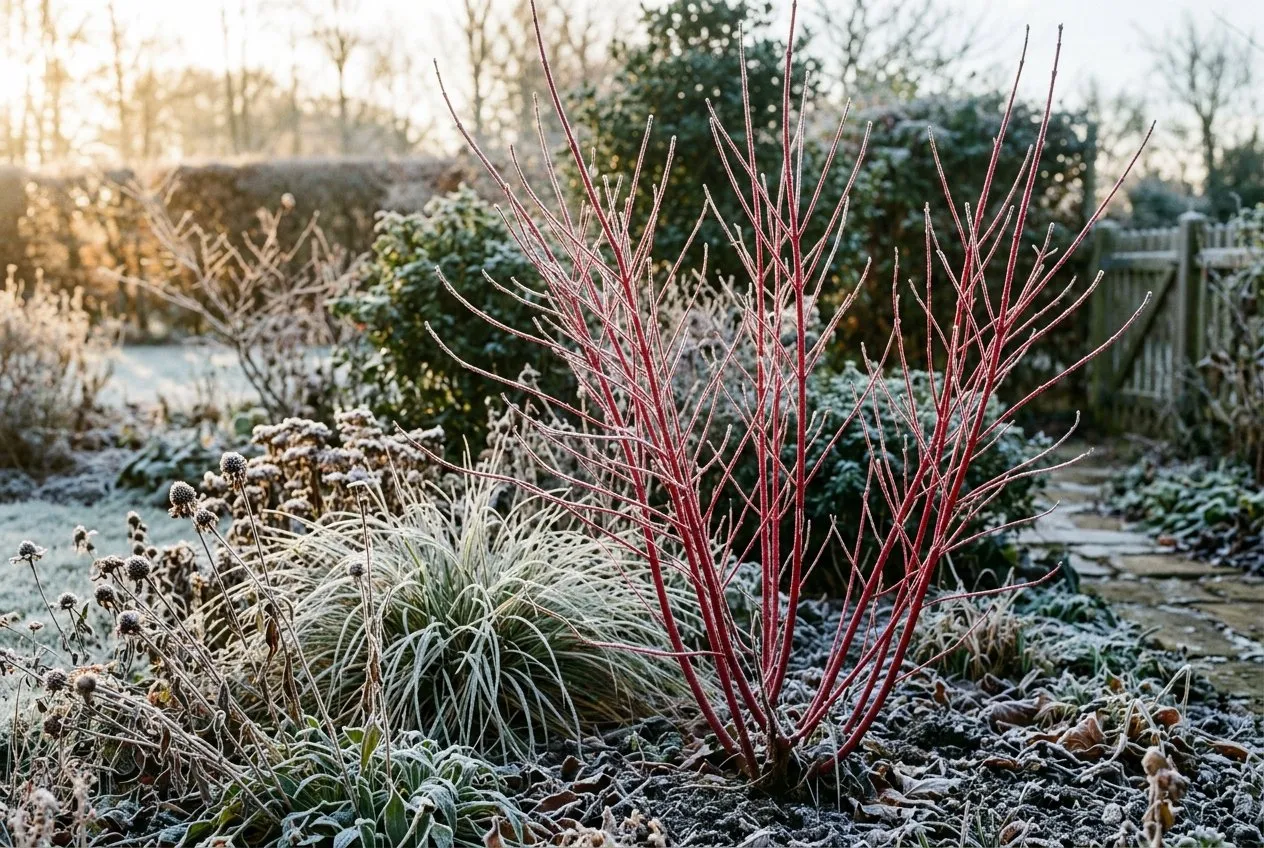 Bright red winter stems of Cornus alba dogwood against frost in a damp UK garden border