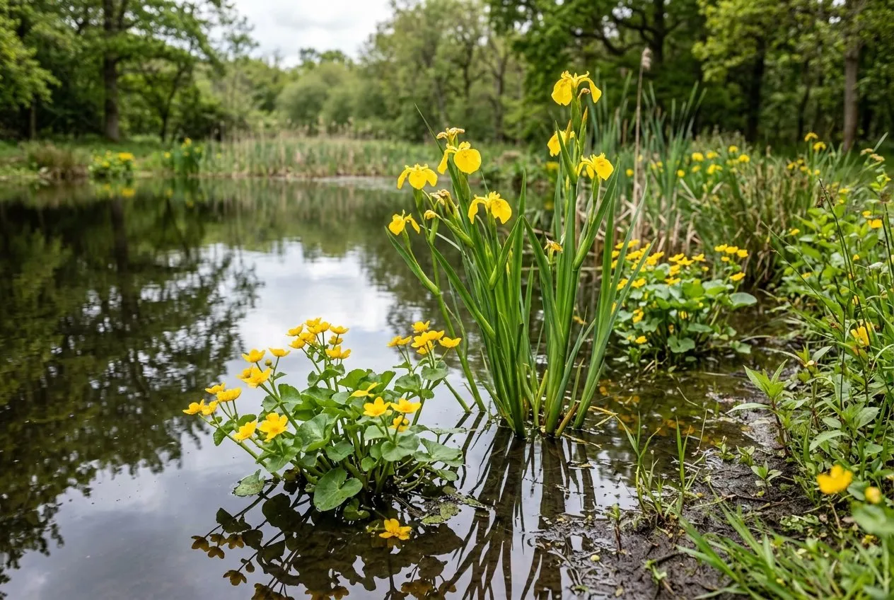 Yellow flag iris and marsh marigold flowering at the standing-water margin of a wildlife pond