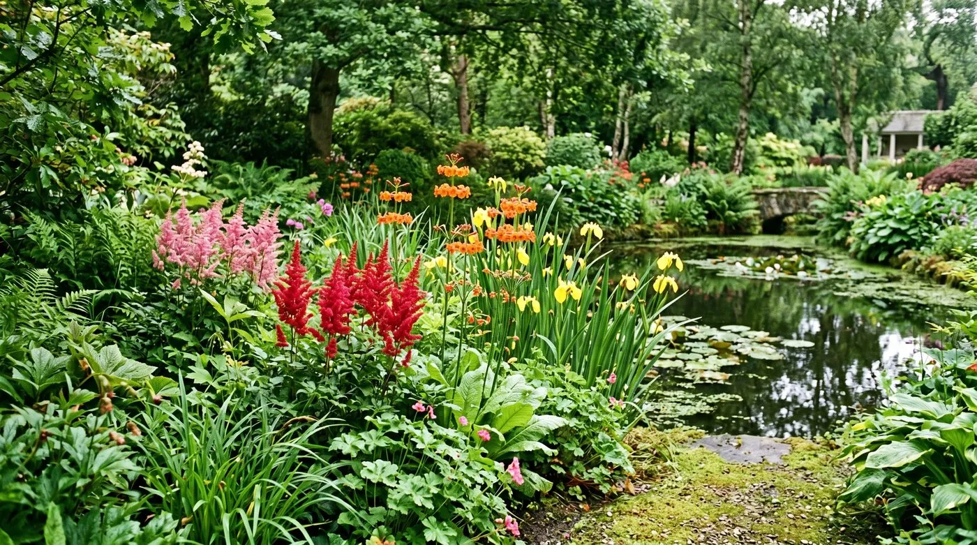 Lush damp pond-edge planting with astilbe plumes, candelabra primulas and yellow flag iris in a UK garden
