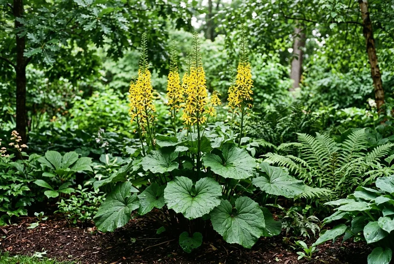 Bold rounded leaves and tall yellow flower spikes of Ligularia in a damp shaded border