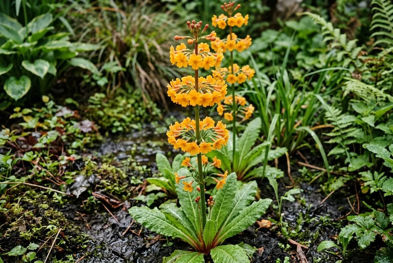 Tiered whorls of orange candelabra primula flowers in flower beside damp ground in part shade