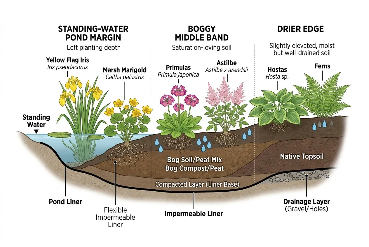 Diagram-style cross-section showing wettest pond margin, boggy middle band and drier edge with matching plant zones