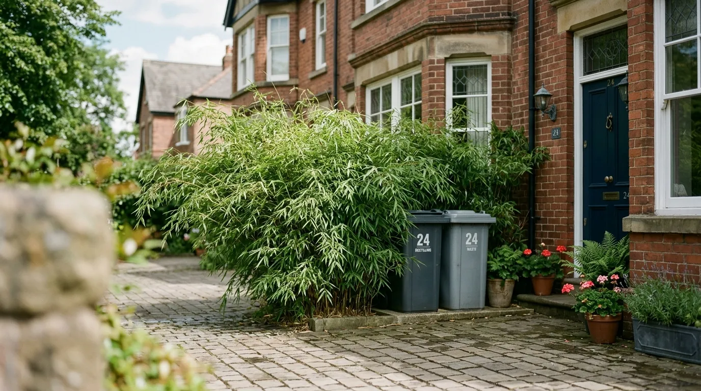 A clumping Fargesia rufa bamboo screen hiding two grey wheelie bins beside a UK townhouse with a paved driveway