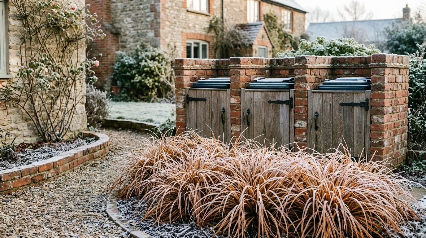 A low Carex testacea grass screen with orange winter foliage in front of a brick bin store in a UK front garden in February