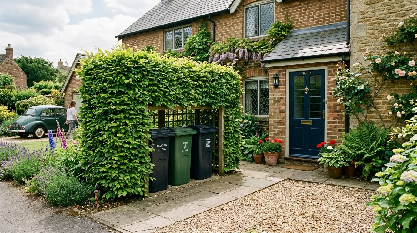 A formal pleached hornbeam panel beside a UK front door with the wheelie bins fully hidden, summer green canopy, paved driveway