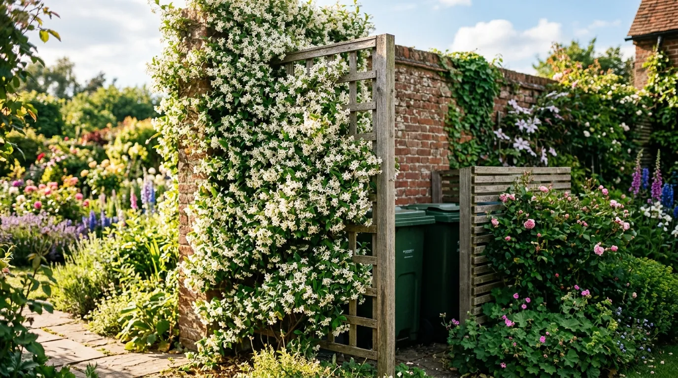 Trachelospermum jasminoides star jasmine in full white scented bloom on a wooden trellis behind a UK wheelie bin in June