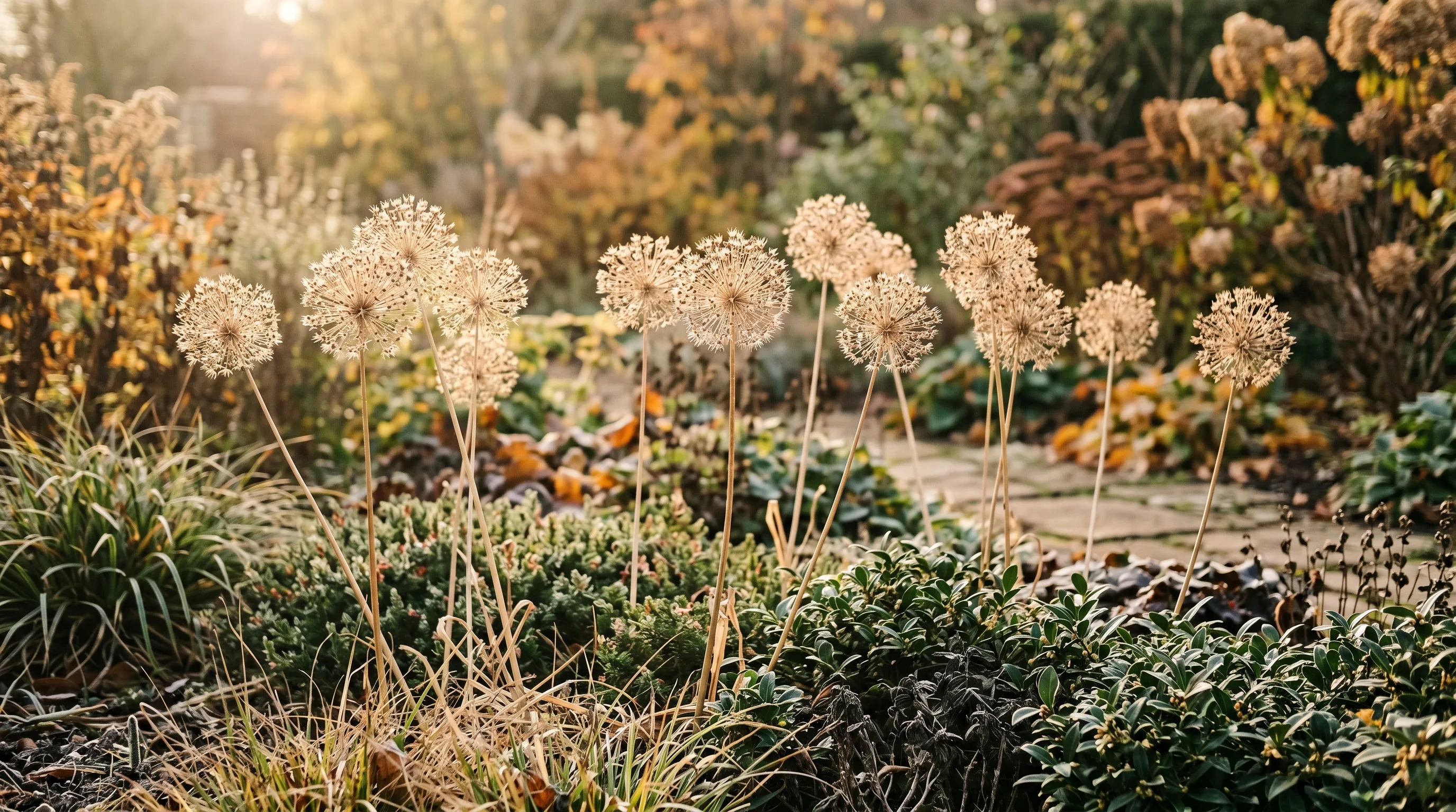 Allium hollandicum Purple Sensation seedheads as straw-coloured globes in late autumn border