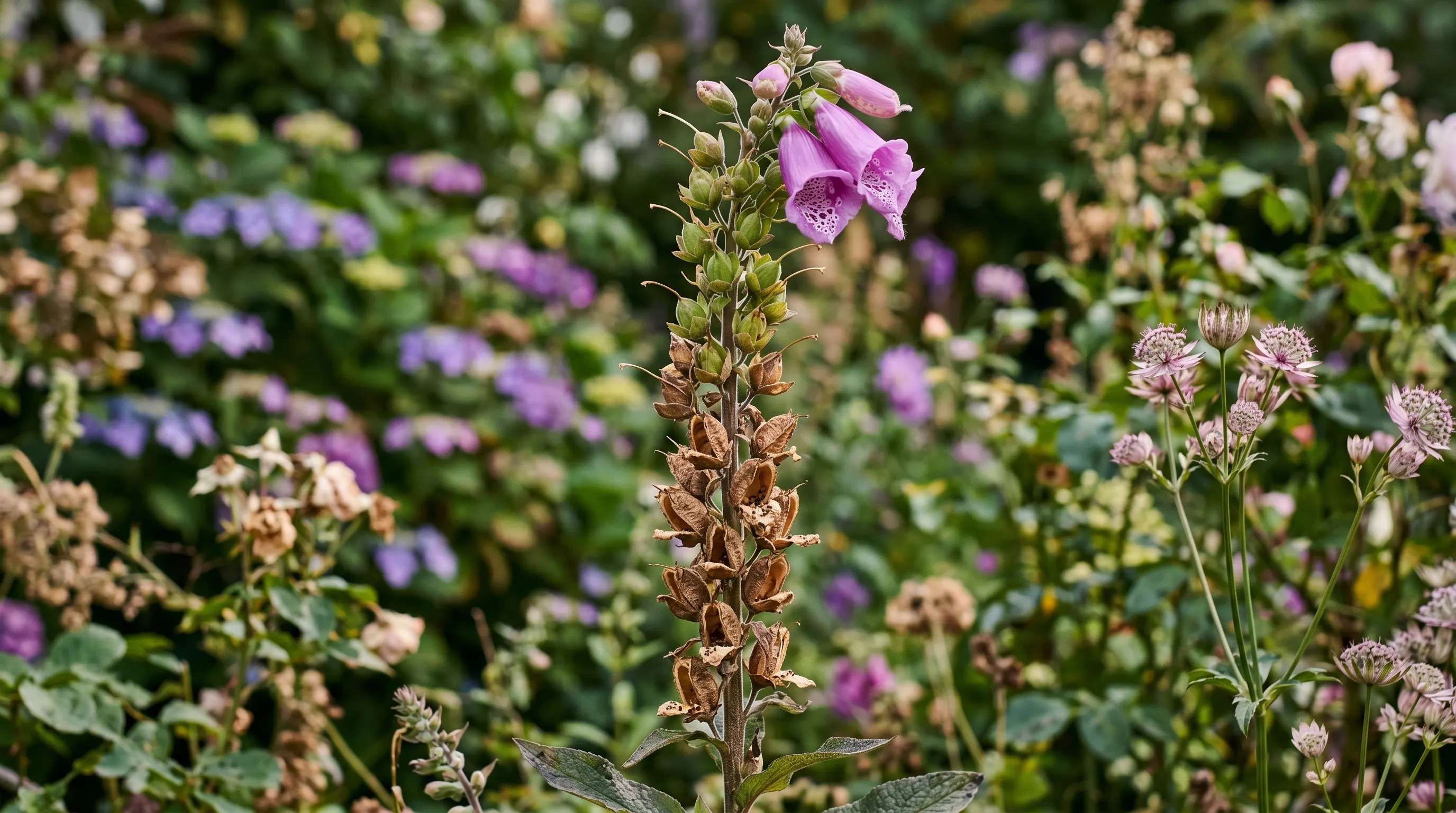 Foxglove spike going to seed with one flower still open at the tip