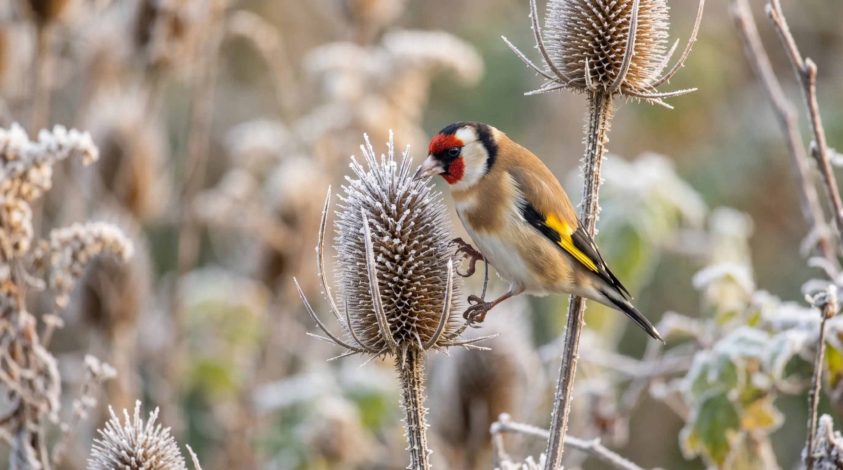 Goldfinch perched on teasel seedhead in a UK winter garden with frost