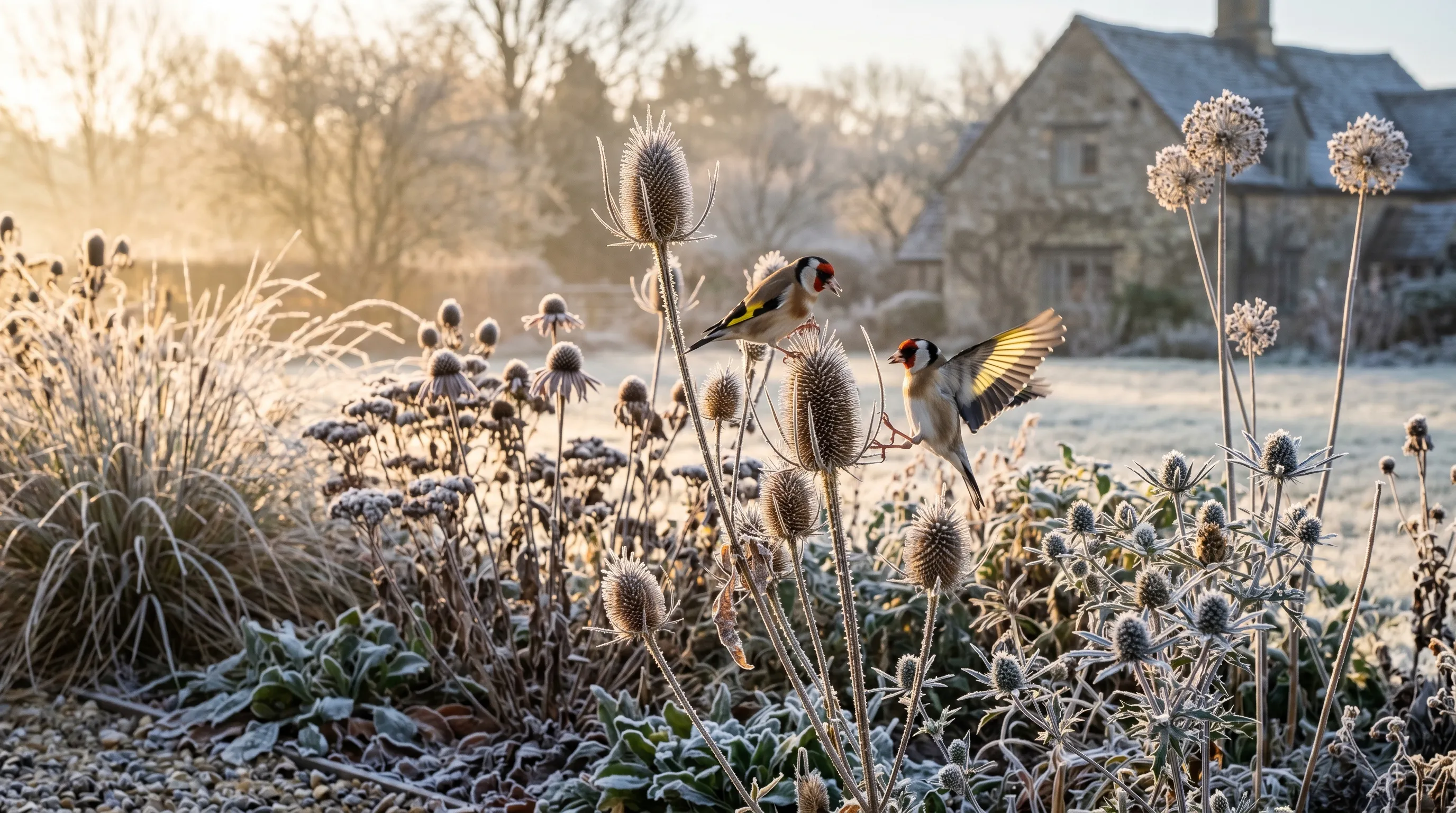 Echinacea seedheads catching winter frost in a UK perennial border with goldfinches