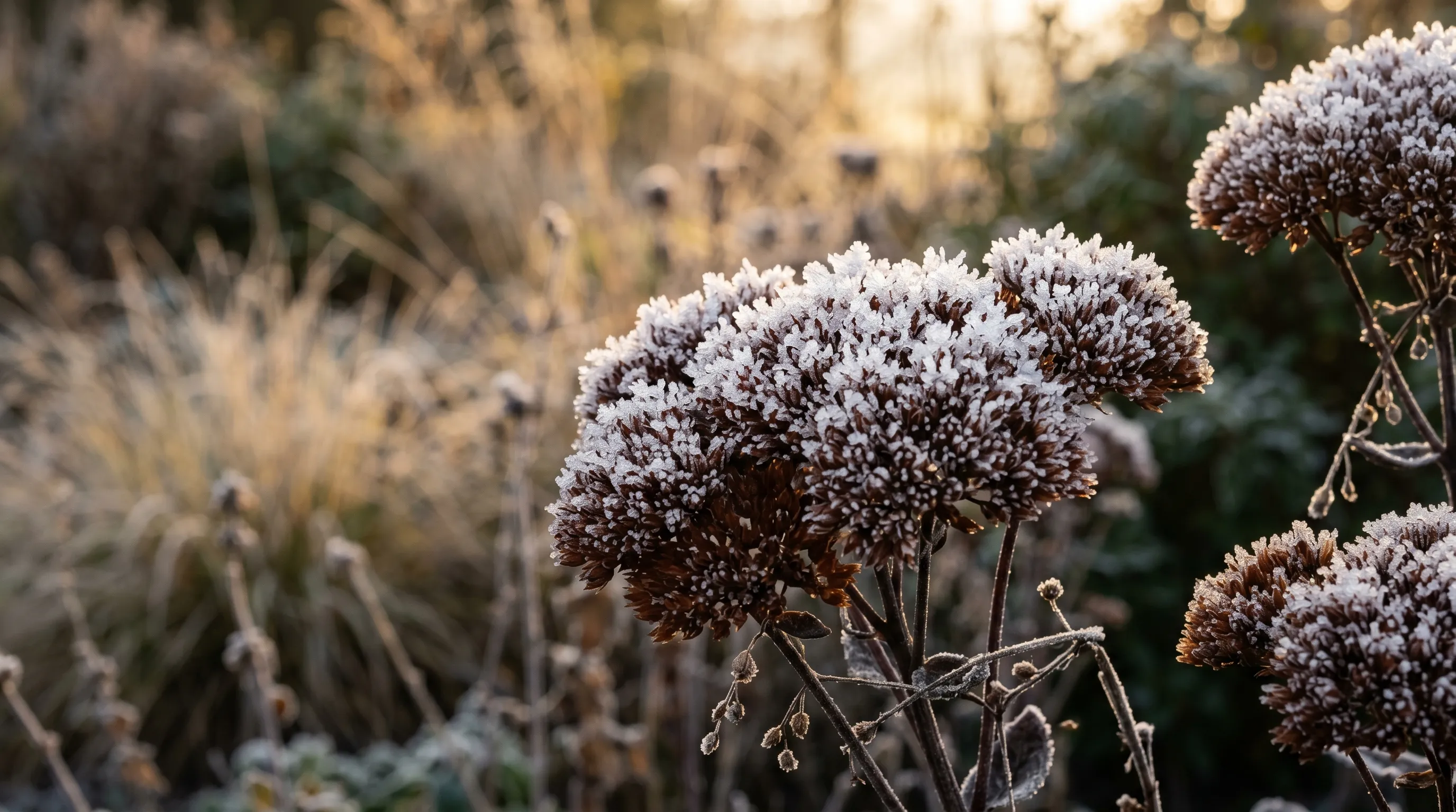 Frosted sedum seedheads catching winter sunlight in a UK perennial border