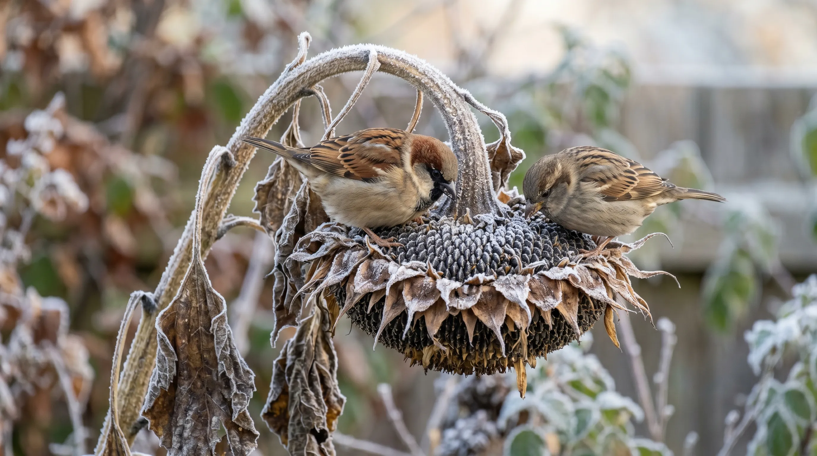 Sunflower head being stripped by sparrows on a frosty November morning