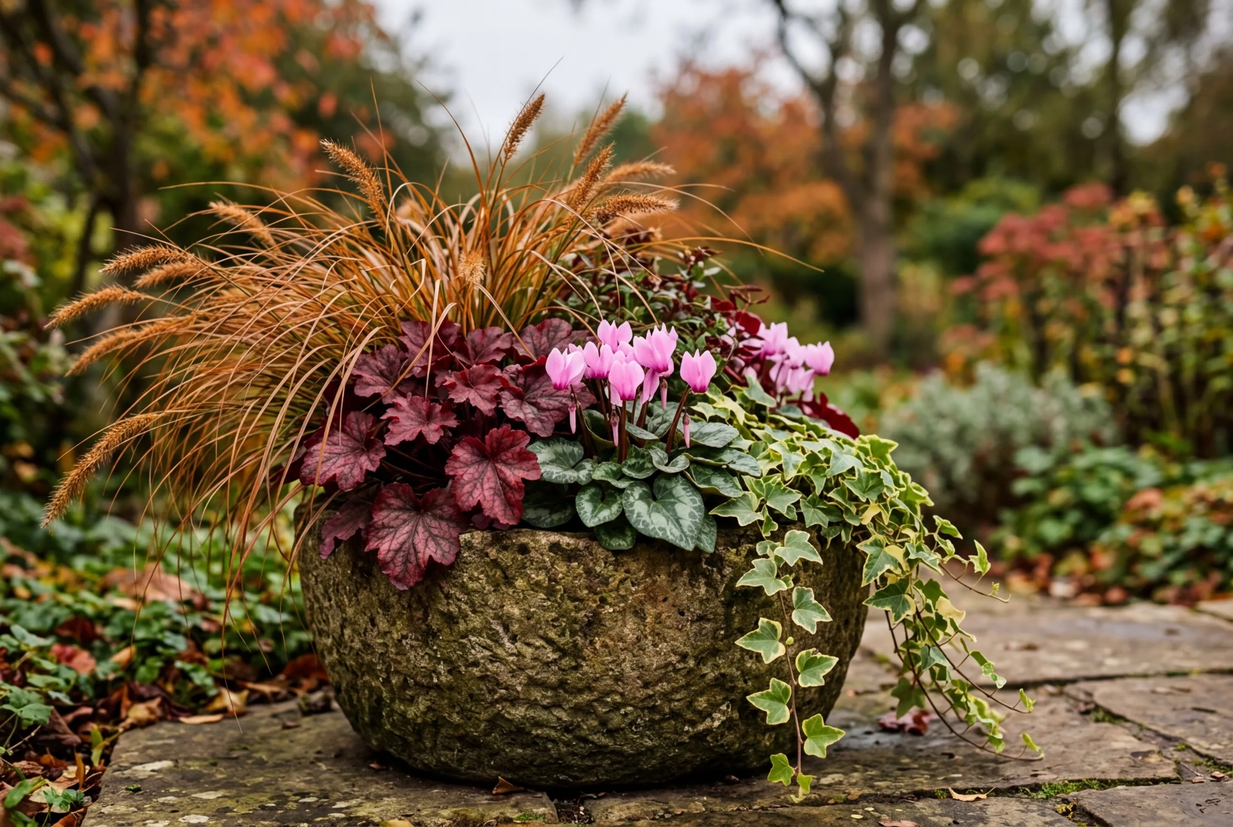 Autumn container arrangement with ornamental grasses, heuchera, cyclamen, and trailing ivy showing best plants for pots year-round