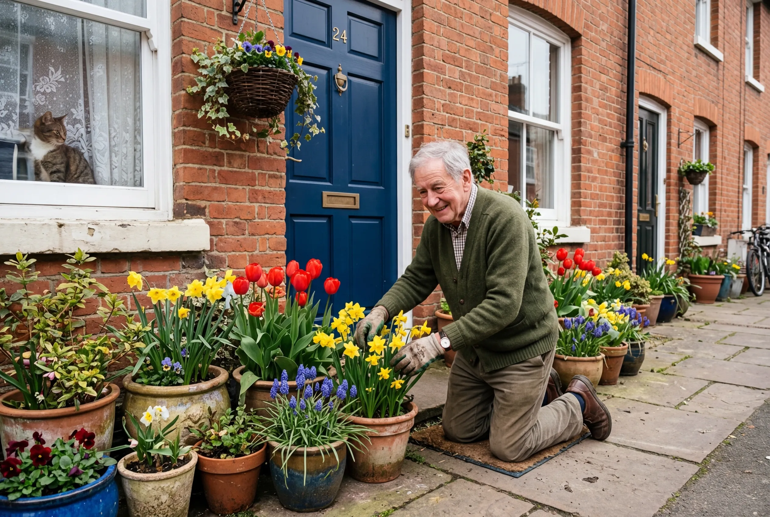 Spring bulbs including tulips, daffodils, and muscari in pots on a UK terraced house doorstep with best plants for pots year-round