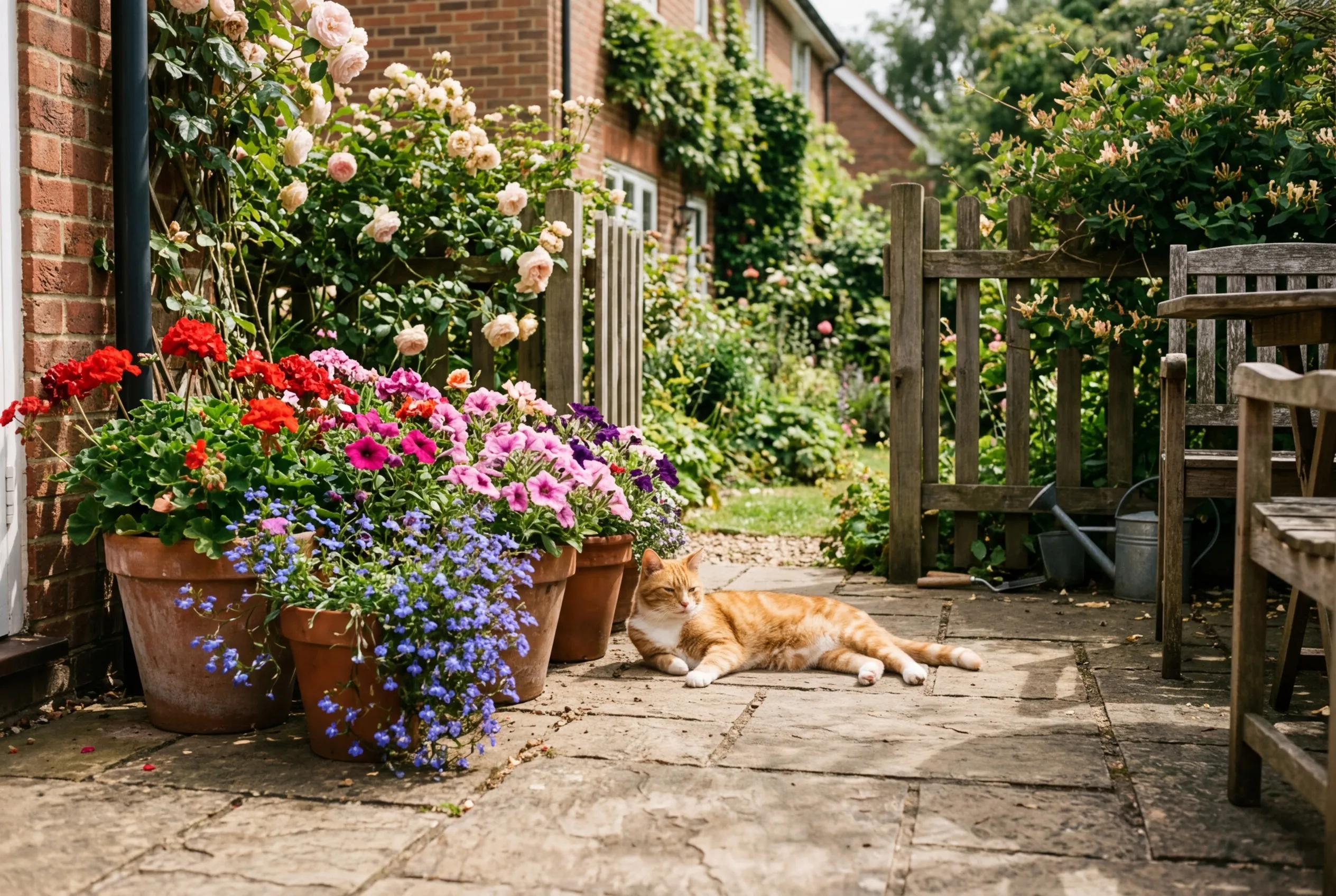 Summer container pots with pelargoniums, petunias, and trailing lobelia on a sunny UK suburban patio showing best plants for pots year-round