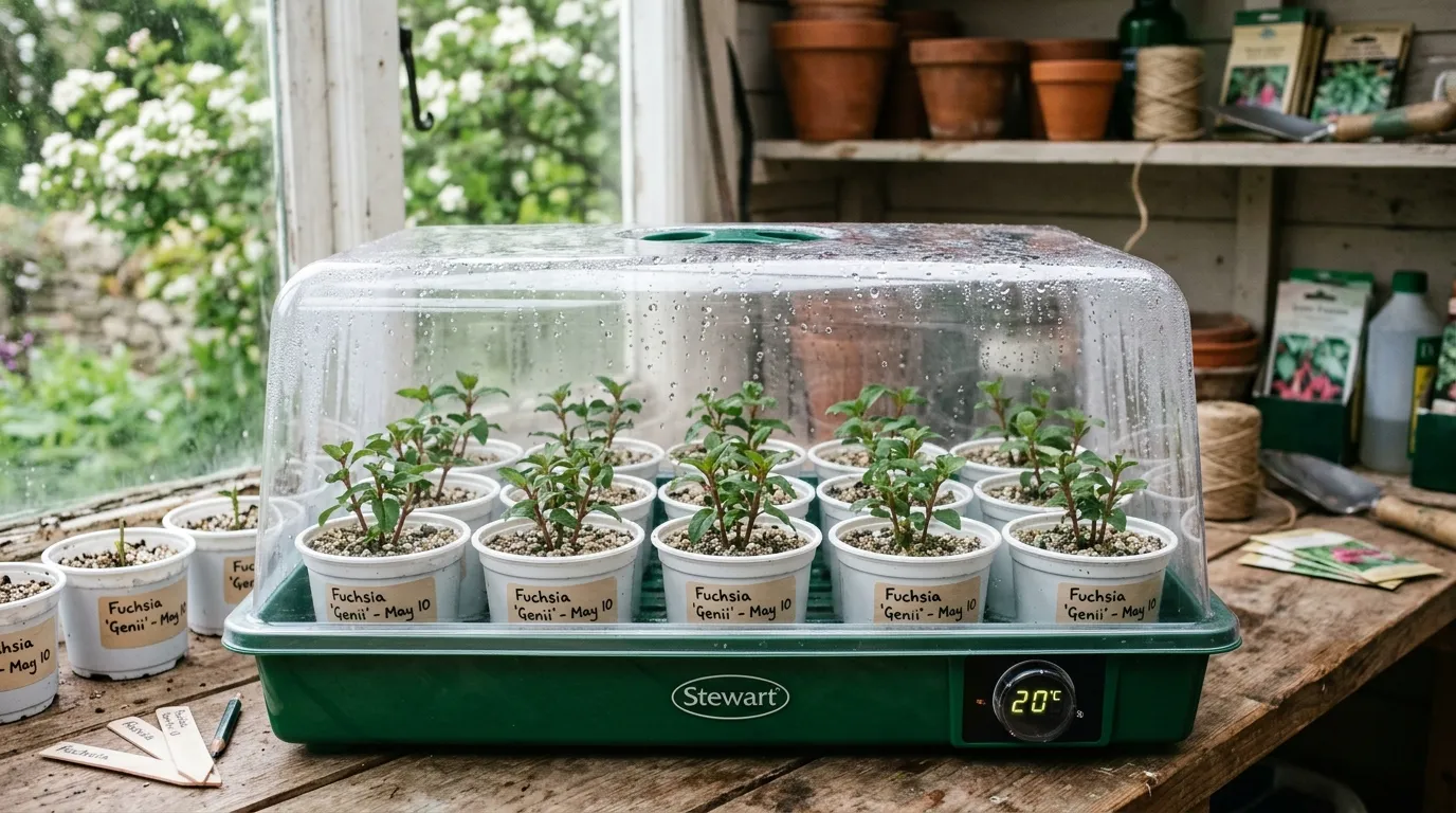 Hardy fuchsia softwood cuttings in 9cm pots of perlite-vermiculite mix sitting in a heated propagator, with thermostat reading 20C