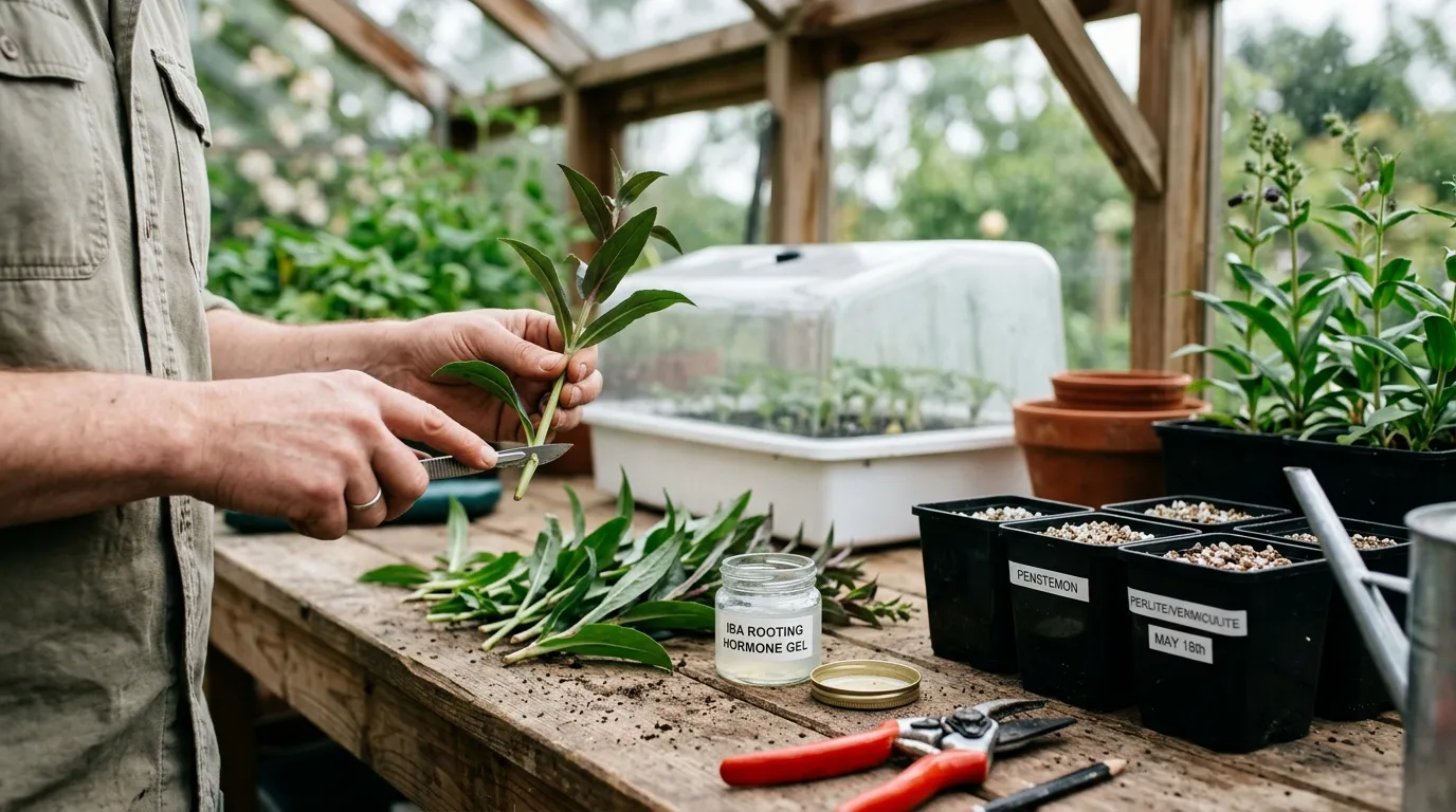 Softwood penstemon cuttings being trimmed on a potting bench in May with rooting hormone, perlite, and a heated propagator nearby