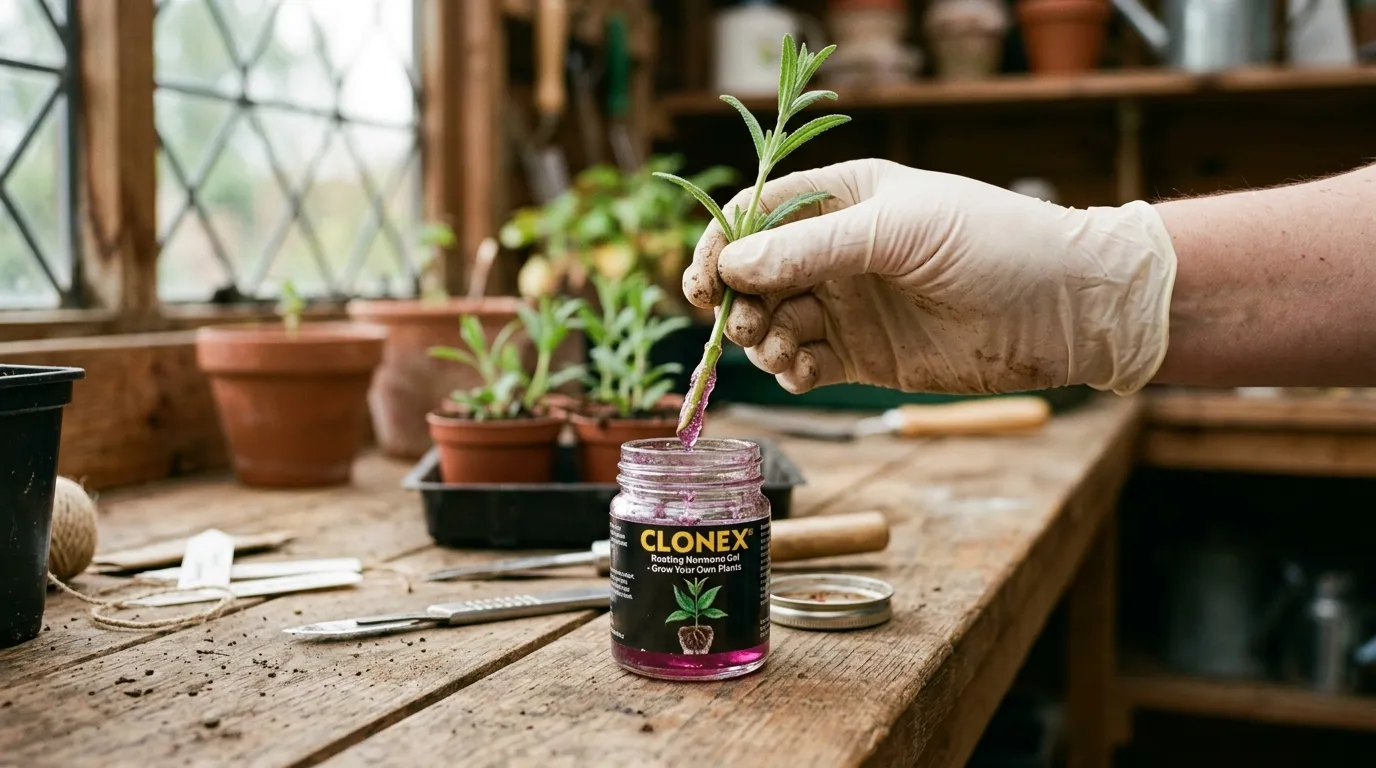 Close-up of a salvia cutting being dipped into a jar of Clonex IBA rooting hormone gel on a wooden potting bench in May