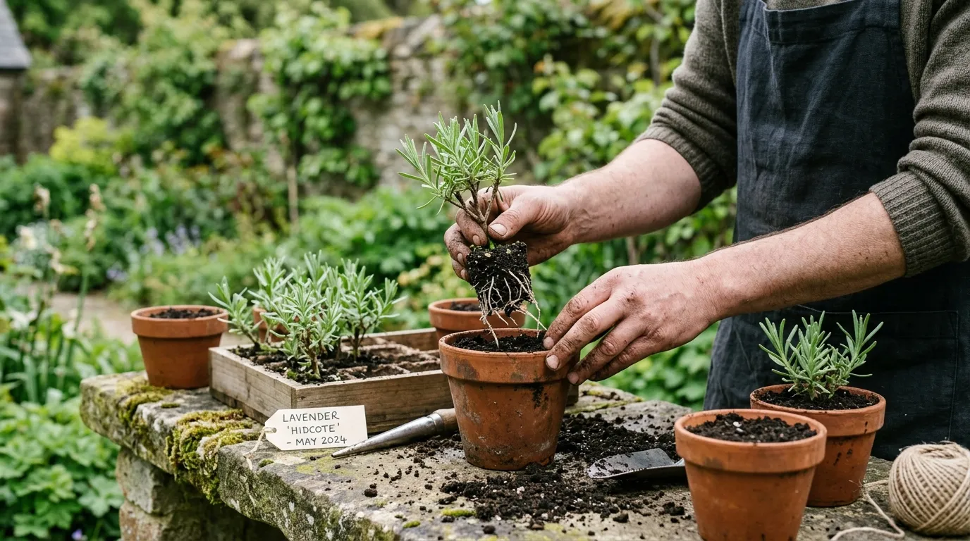 Newly rooted lavender softwood cuttings being potted on into individual 9cm pots of peat-free compost in late May