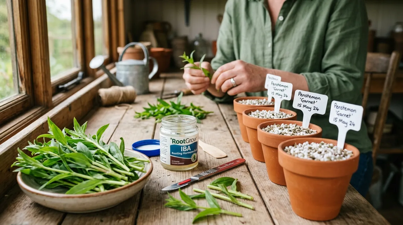 Softwood penstemon cuttings being prepared on a clean potting bench with scalpel, IBA rooting hormone gel, and 9cm pots of perlite-vermiculite mix in May