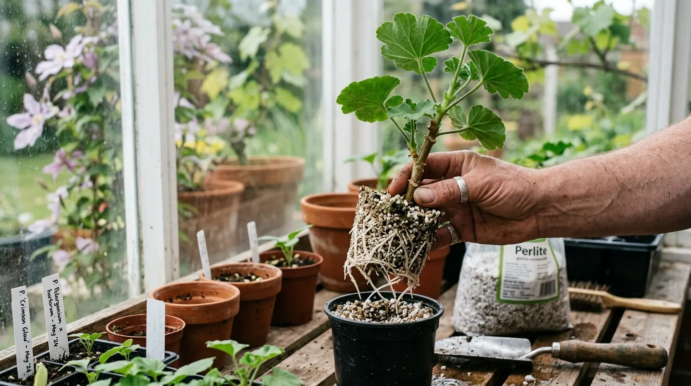 Close-up of a rooted pelargonium softwood cutting being lifted from a 9cm pot showing delicate white roots in perlite-vermiculite mix