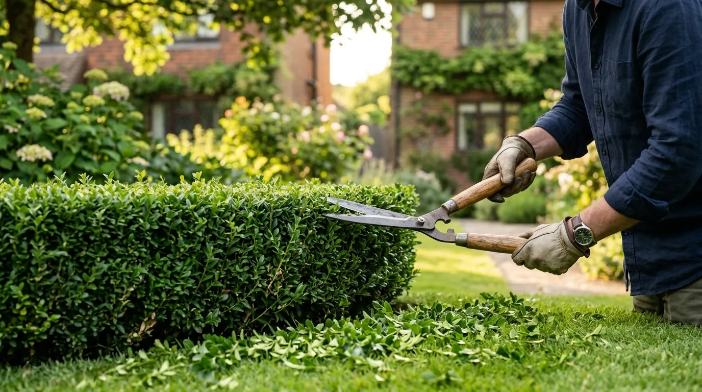 Box hedge being shaped with sharp hand shears in the late afternoon shade, in a typical Sussex garden during early June