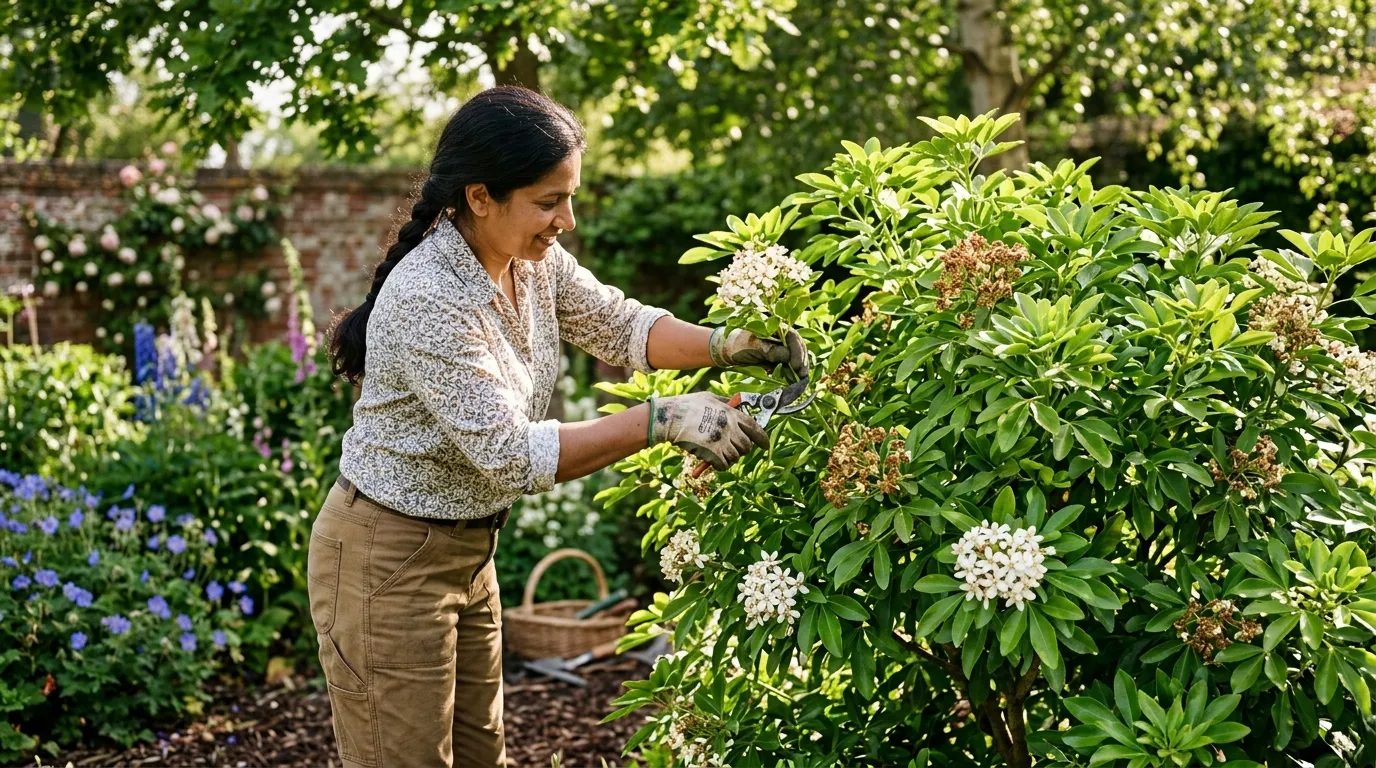 Lawrie pruning Choisya ternata in a Staffordshire client garden in late May, focusing on cutting back faded flower trusses with bypass secateurs