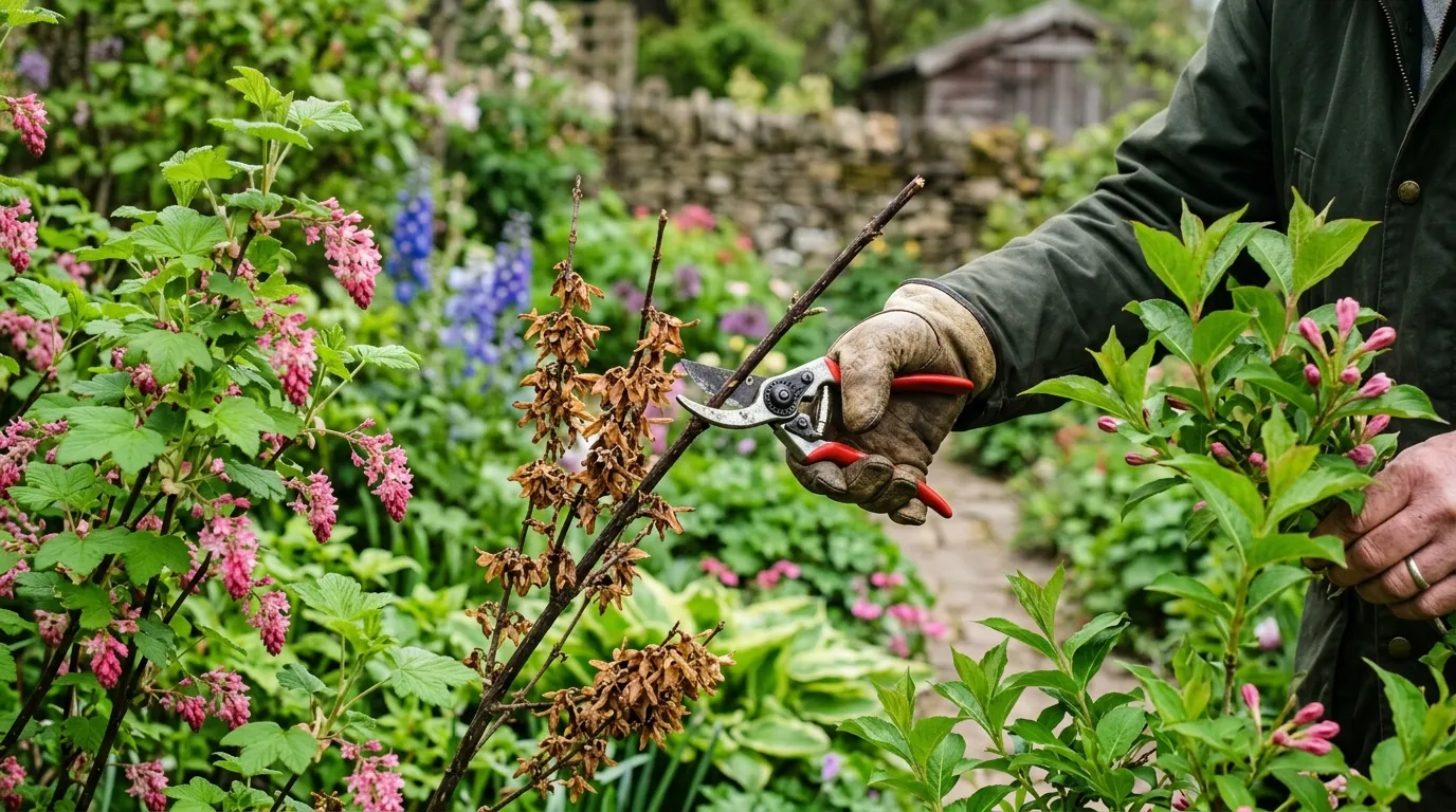 Mature UK garden border in mid-May with secateurs cutting a faded forsythia branch, fresh new growth visible on neighbouring shrubs