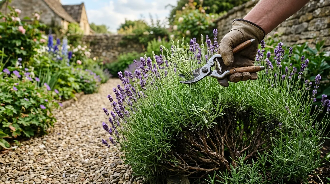 Hand shears giving a 25mm tip prune to a lavender plant on a Cotswold garden path in late May, only soft green tips removed