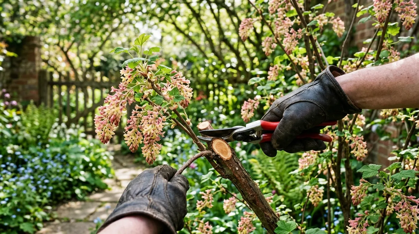 Faded ribes flowering currant stems being cut to the base with sharp loppers in early May in a UK cottage garden