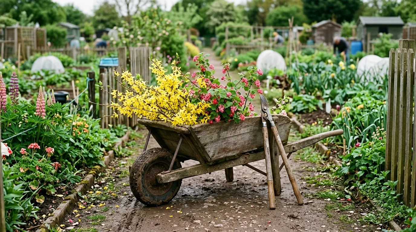 Mid-May UK garden with pruning shears and a wheelbarrow of cut forsythia and ribes branches