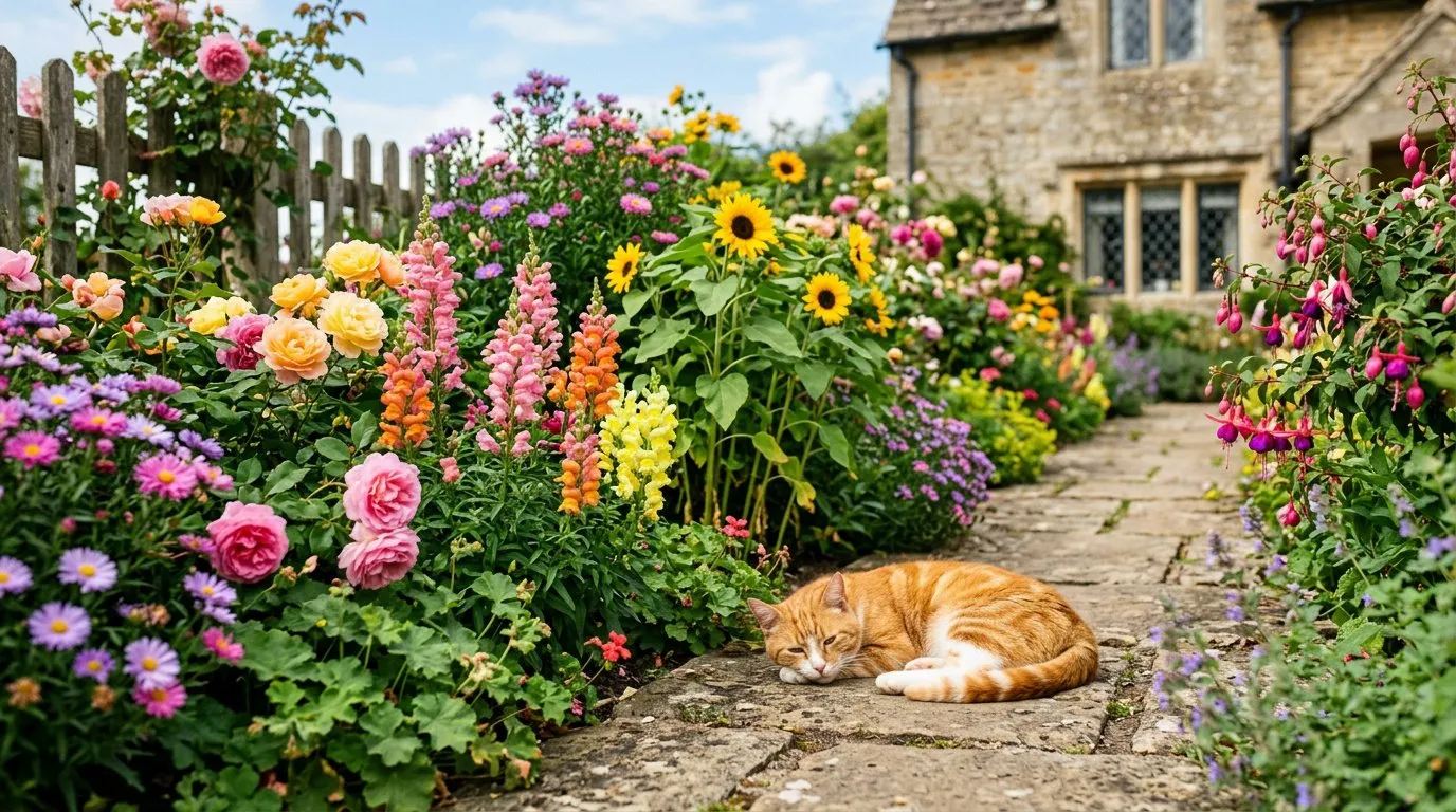 Cat-safe UK garden border with roses, snapdragons, sunflowers and asters with a ginger cat lying on a path