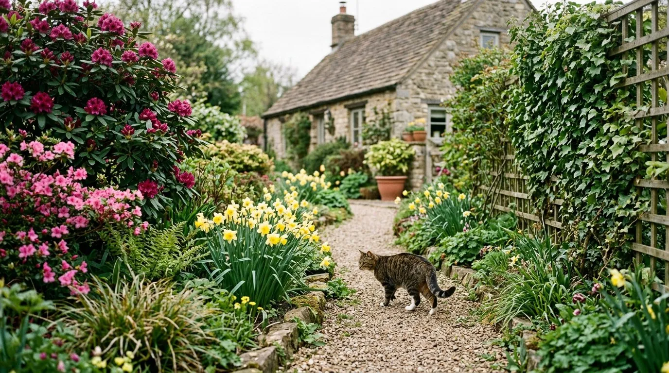 UK cottage garden with rhododendrons, daffodils and ivy with a tabby cat walking along the path