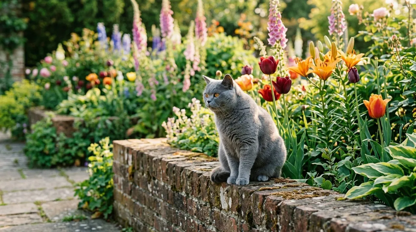 British shorthair cat sitting on a garden wall next to a flower border with lilies and foxgloves