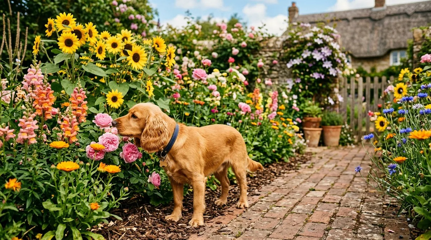 Dog sniffing non-toxic sunflowers, snapdragons and roses in a UK cottage garden border