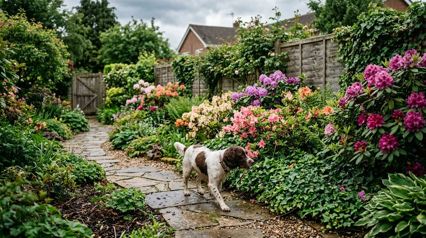 Dog walking past toxic rhododendrons and azaleas in a UK garden border