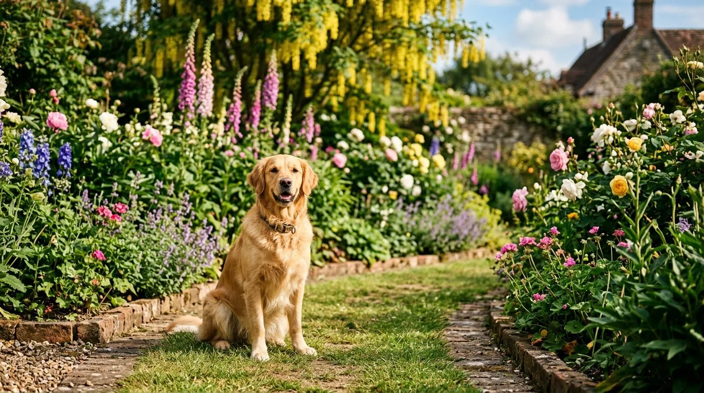 Golden retriever dog sitting in a UK cottage garden near plants toxic to dogs including foxgloves and daffodils