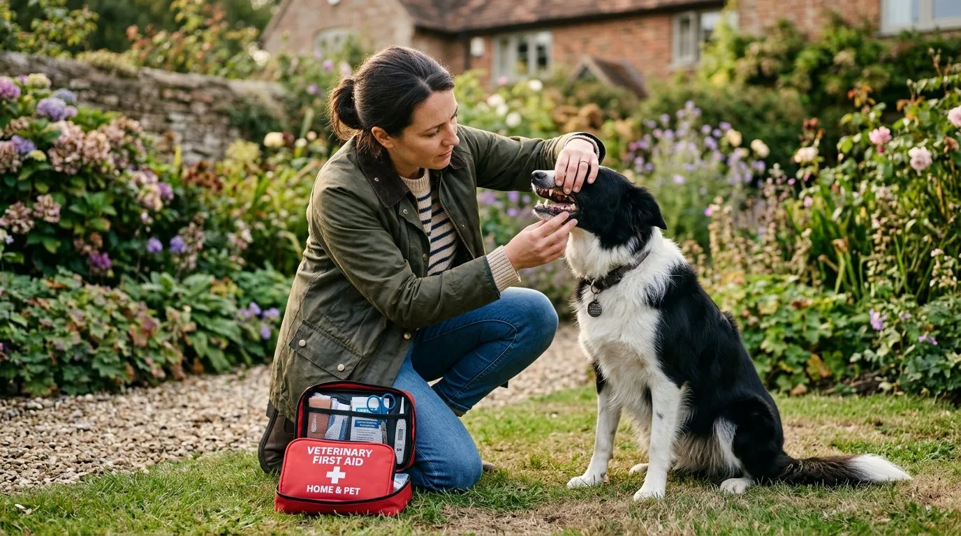 Dog owner kneeling beside a border collie in a garden checking the dogs mouth with a first aid kit nearby