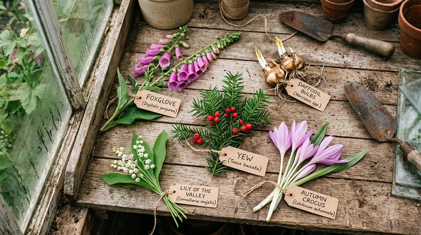 Common UK toxic garden plants including foxglove stems, daffodil bulbs, yew berries and lily of the valley on a potting bench