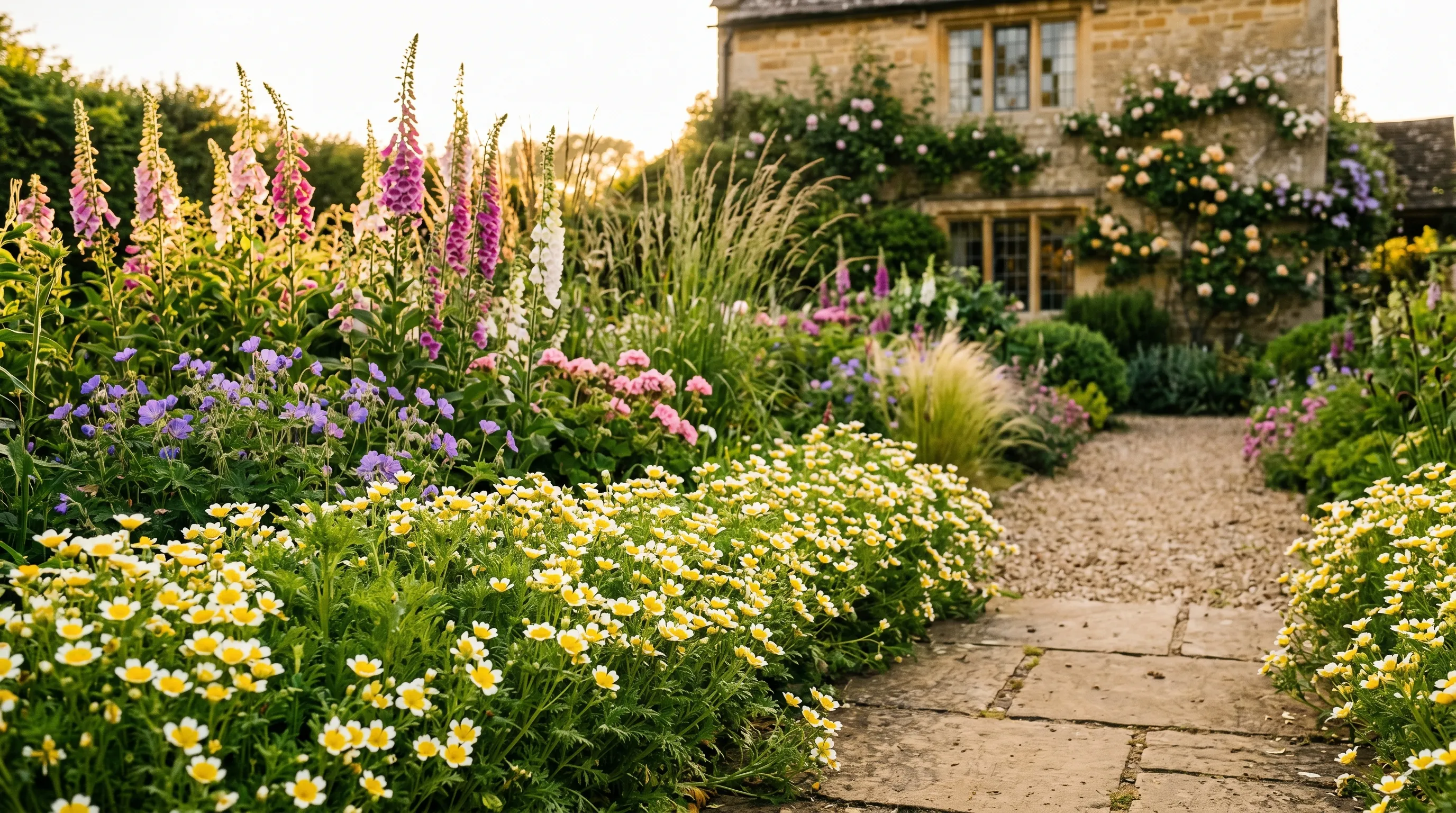 Limnanthes douglasii used as low edging along the front of a mixed perennial border with foxgloves and geraniums behind in a Cotswold cottage garden