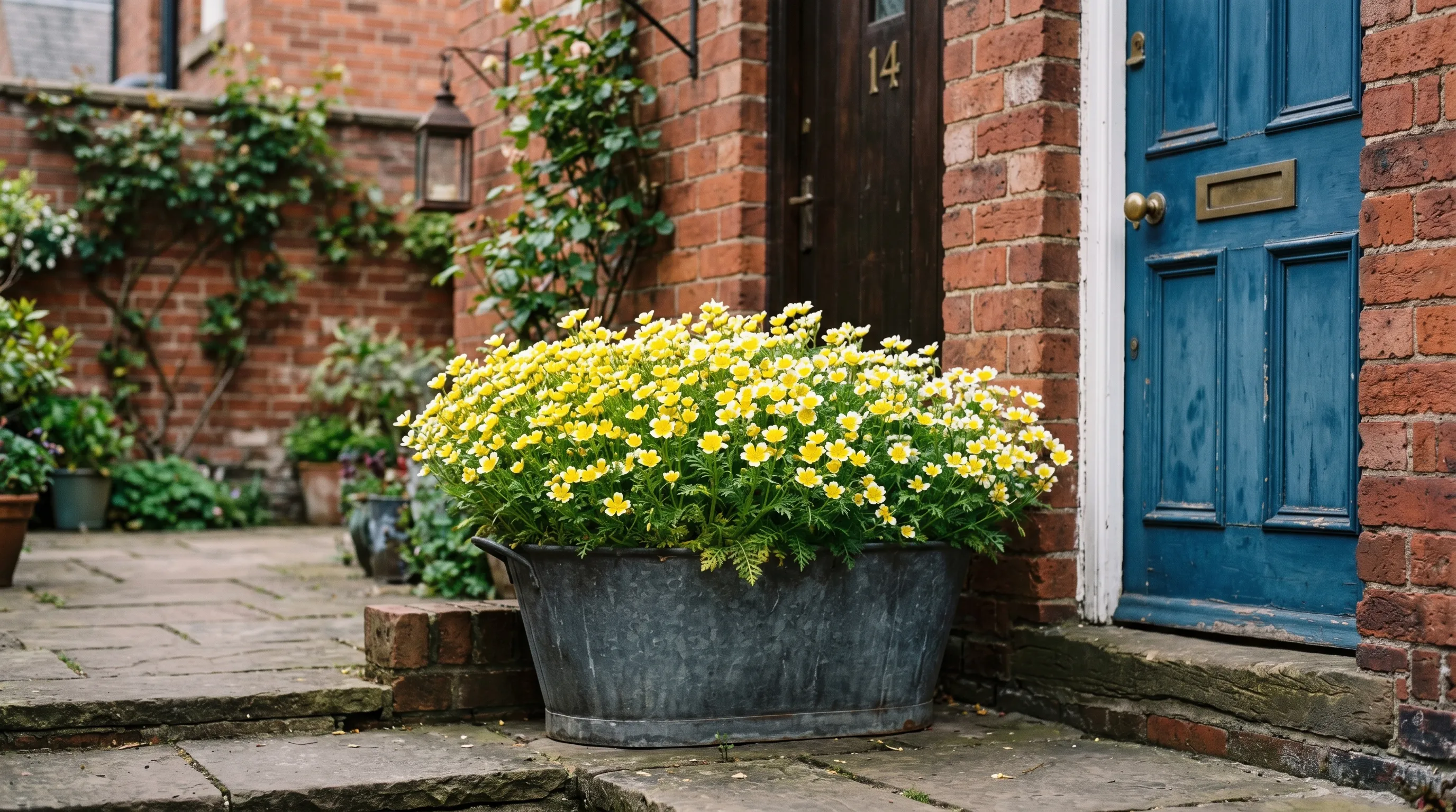 Galvanised metal container filled with mass flowering Limnanthes douglasii by the doorstep of an urban Manchester courtyard garden