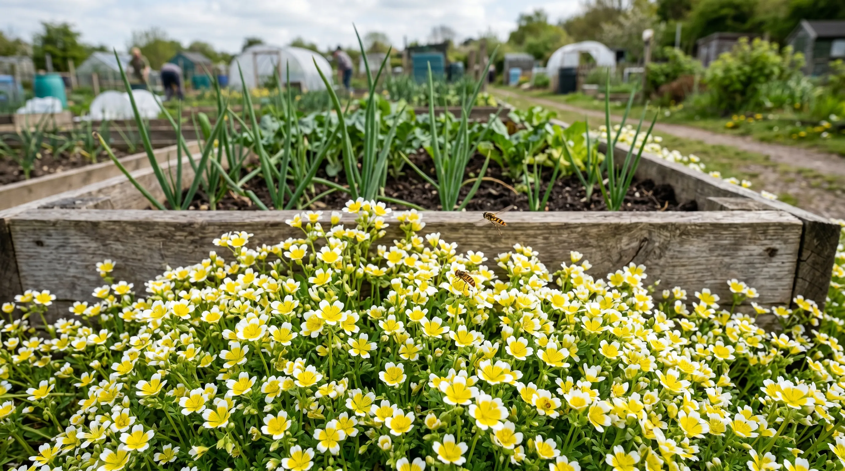 Mass planting of Limnanthes douglasii Poached Egg Plant with white and yellow flowers carpeting the edge of a vegetable bed at a UK allotment