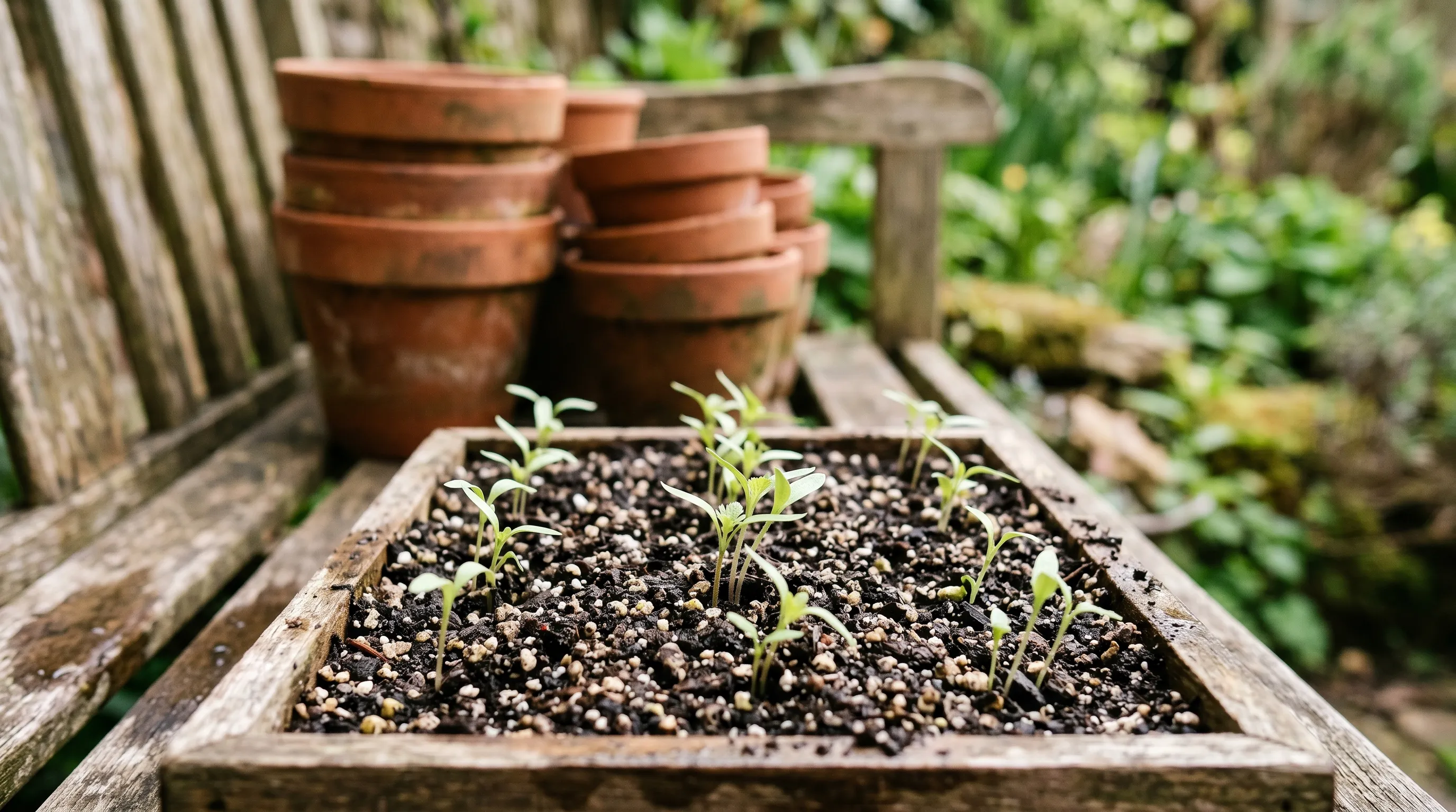 Young Limnanthes douglasii seedlings at the cotyledon stage emerging in a seed tray on a garden bench in spring