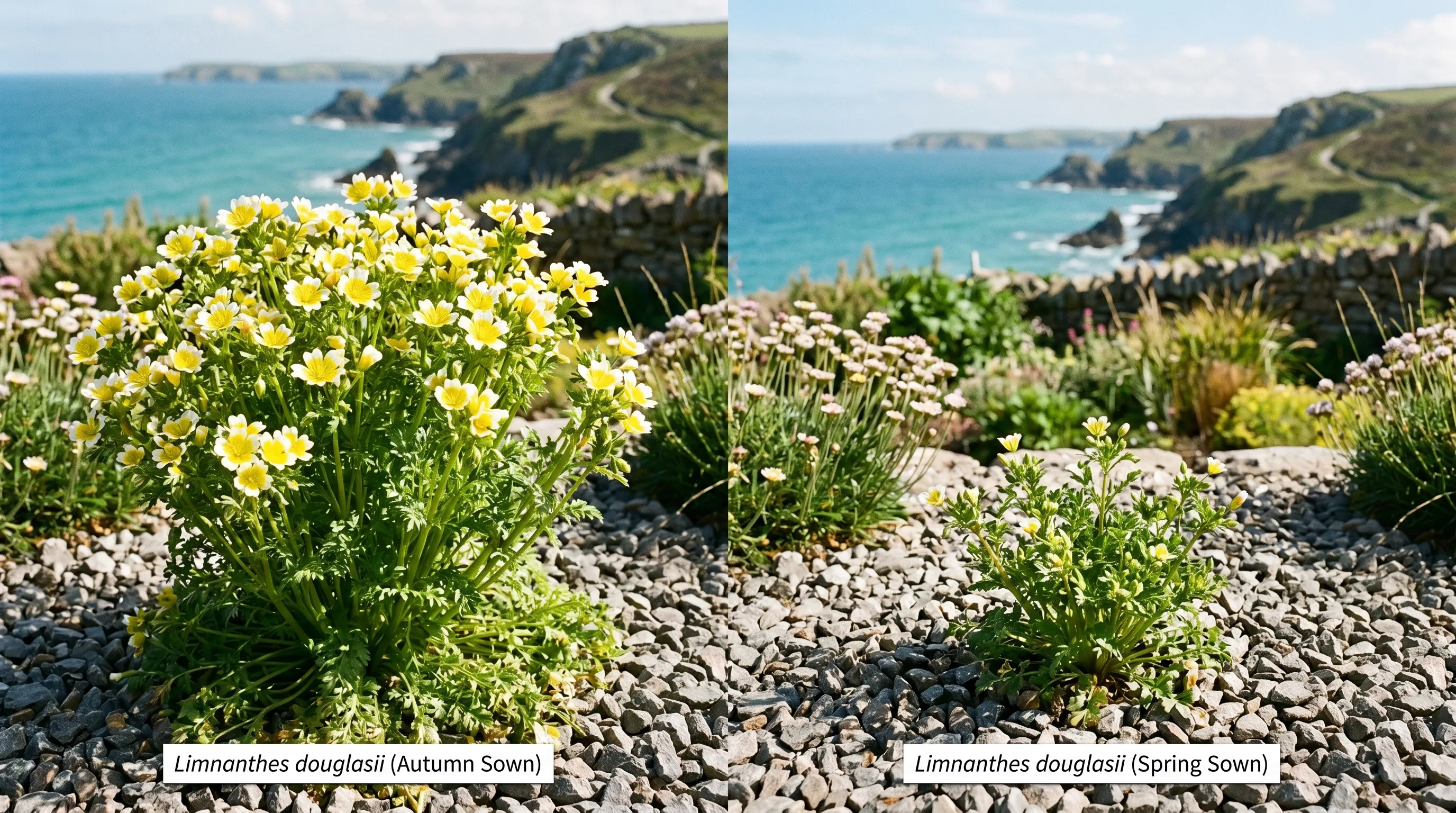 Sowing-window comparison showing a mature autumn-sown Limnanthes plant beside a smaller spring-sown plant in the same Cornwall garden border